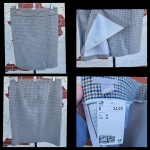 New size 2 women H&M skirt faux wrap pencil brown black houndstooth knee length